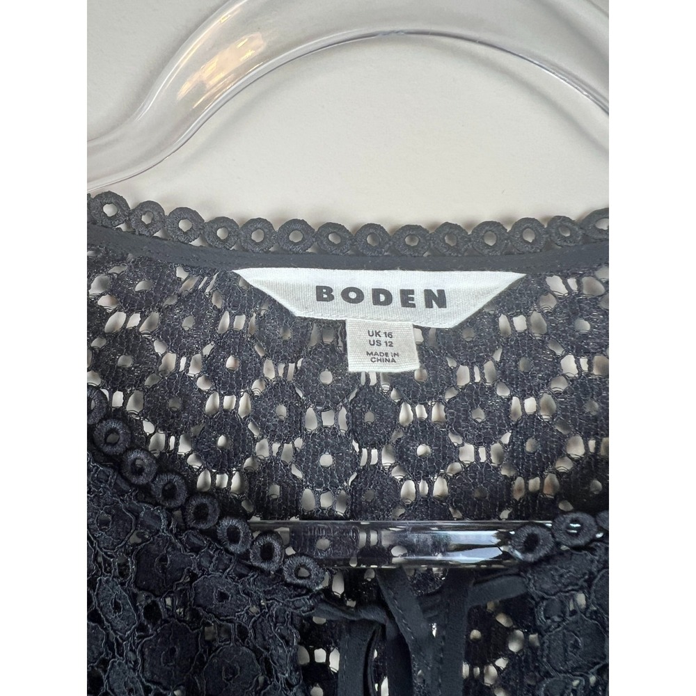 Boden Geo Lace Top US 12 Black Romantic Sheer Lace Blouse Tie Neck - Picture 3 of 10
